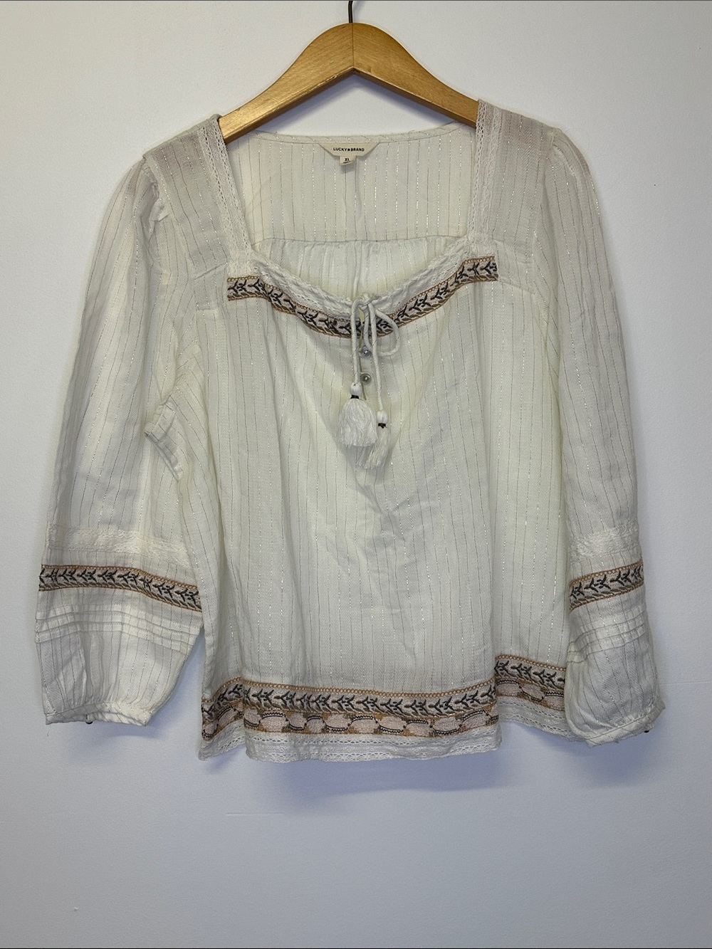 Lucky Brand Metallic Stripe Embroidered Cotton Peasant Top - Picture 1 of 6